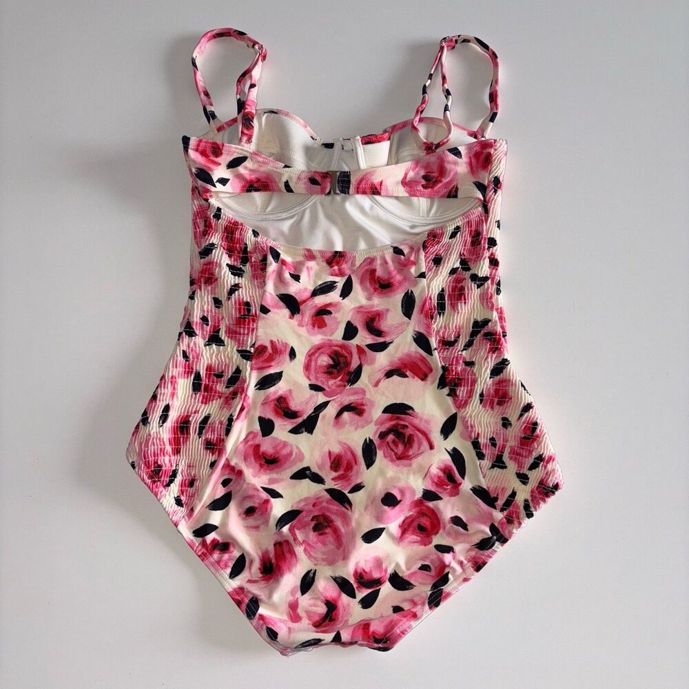 Kate Spade Pink Floral One Piece Swimsuit Bay of Roses Size XS Smocked Stretch - Picture 6 of 16